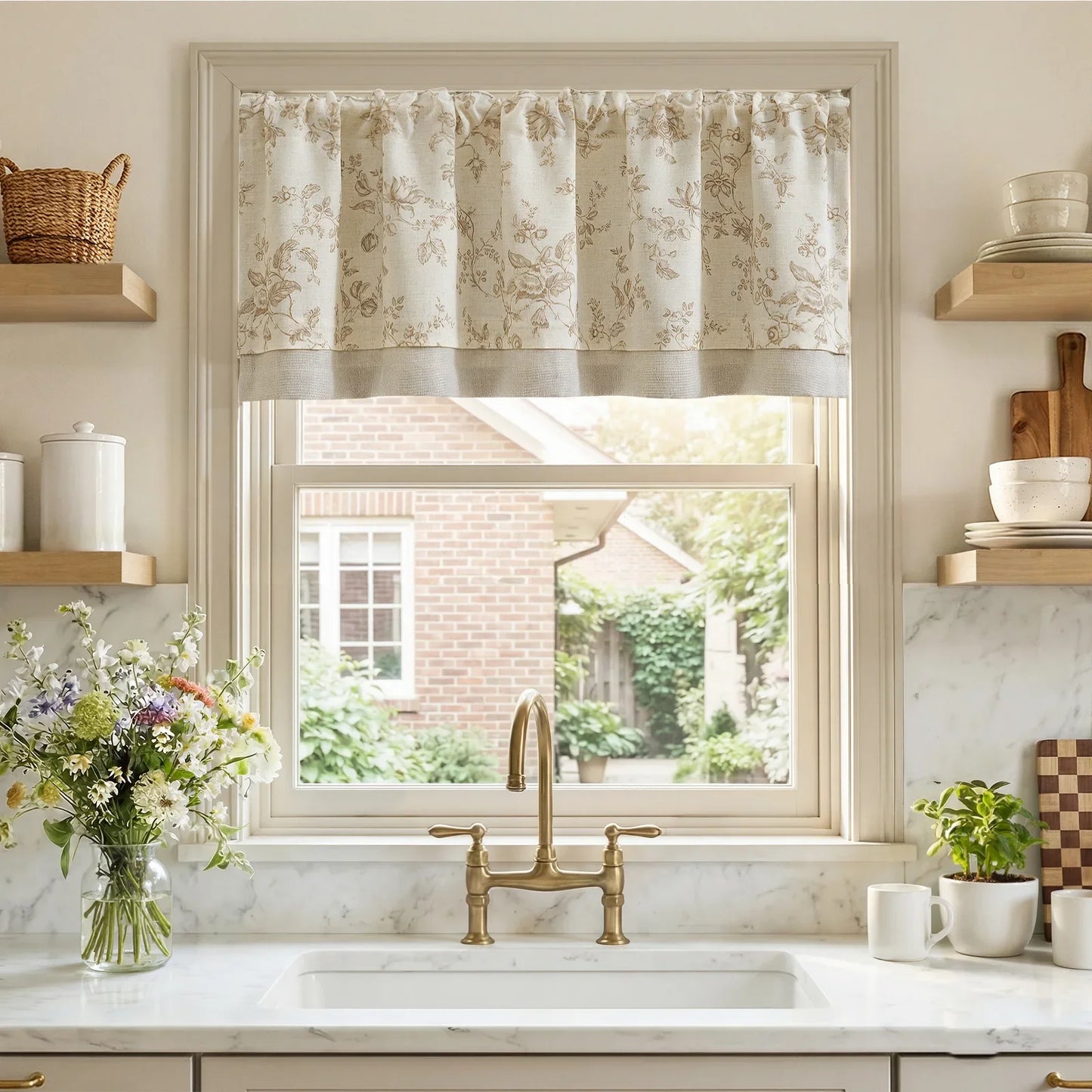 Vintage Rose Print Linen-Blend Rod Pocket Valance - Jinchan Home