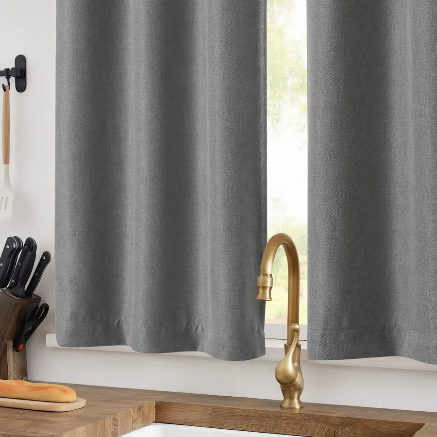 Solid Faux Linen Rod Pocket Kitchen Curtains - Jinchan Home