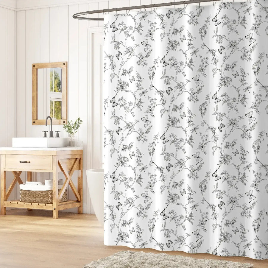 Botanical & Butterfly Dragonfly Pattern Shower Curtain - Jinchan Home