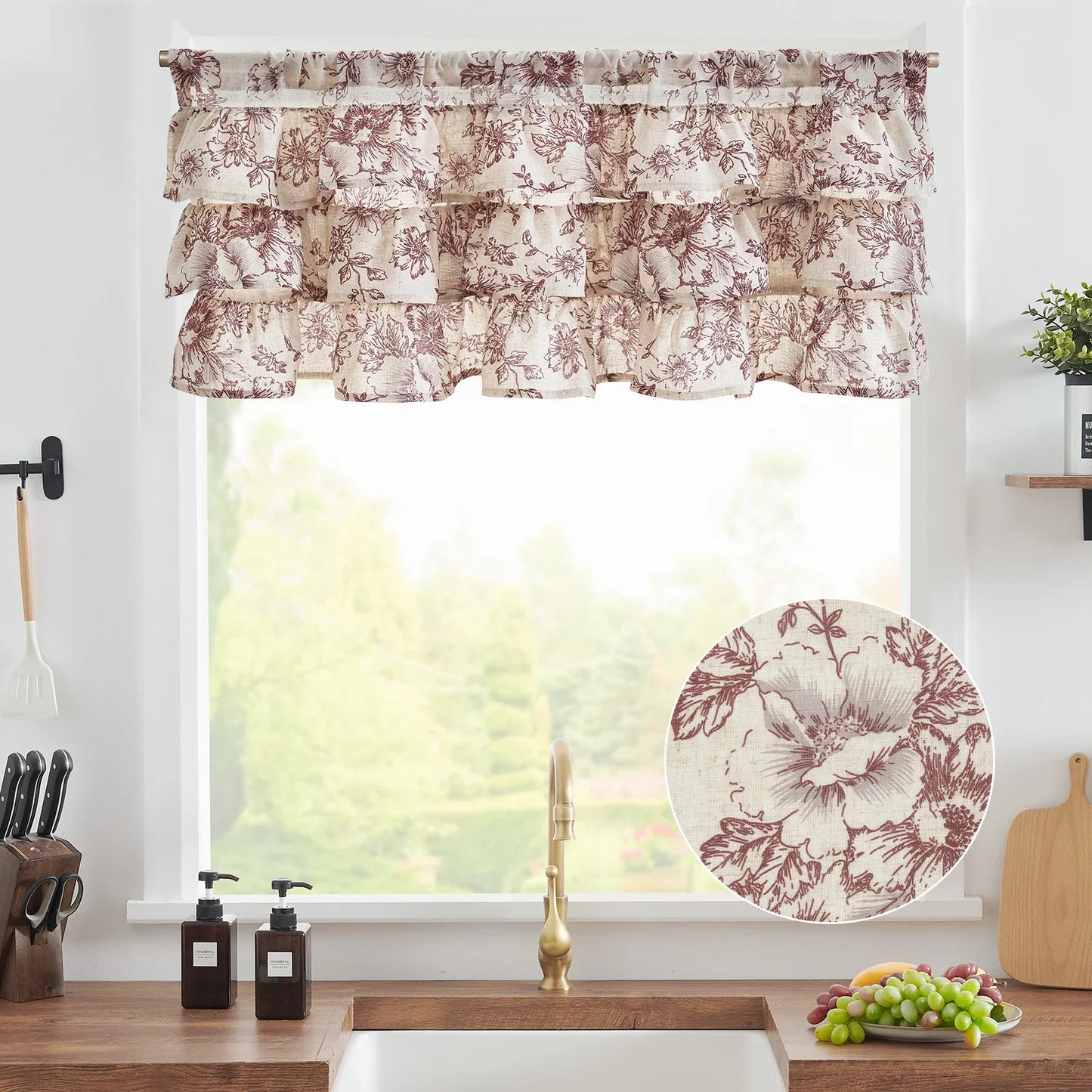 Peony Print Linen-Blend Waterfall Valance - Jinchan Home