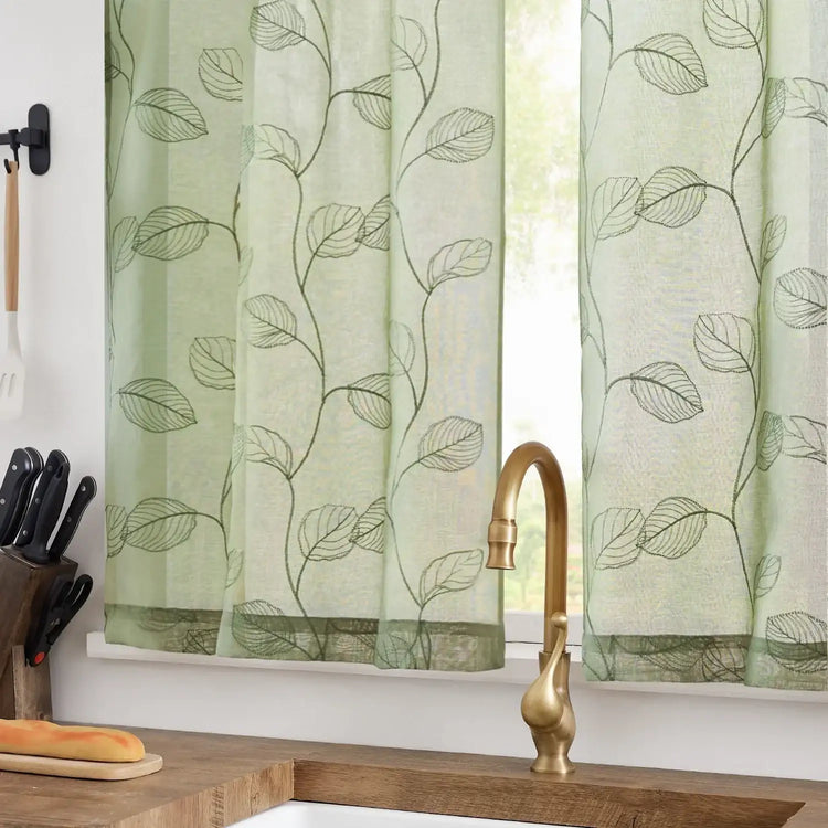 Embroidered Vine Leaf Pattern Sheer Kitchen Curtains - Jinchan Home
