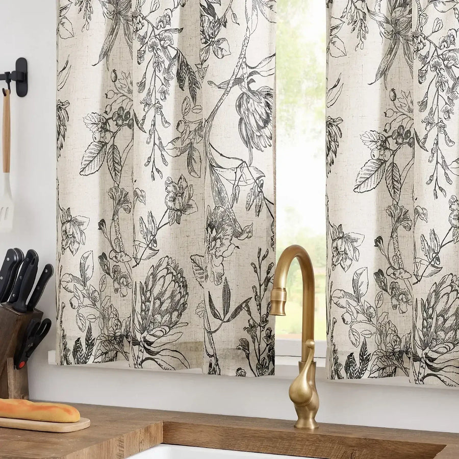 Ink Floral & Dragonfly Kitchen Curtains - Jinchan Home