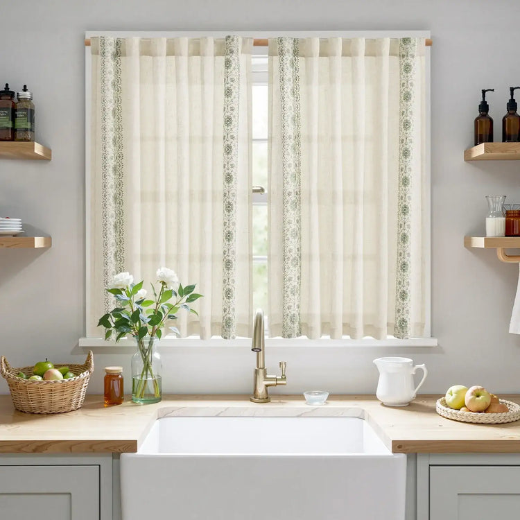 Floral Embroidered Linen Blend Kitchen Curtains - Jinchan Home