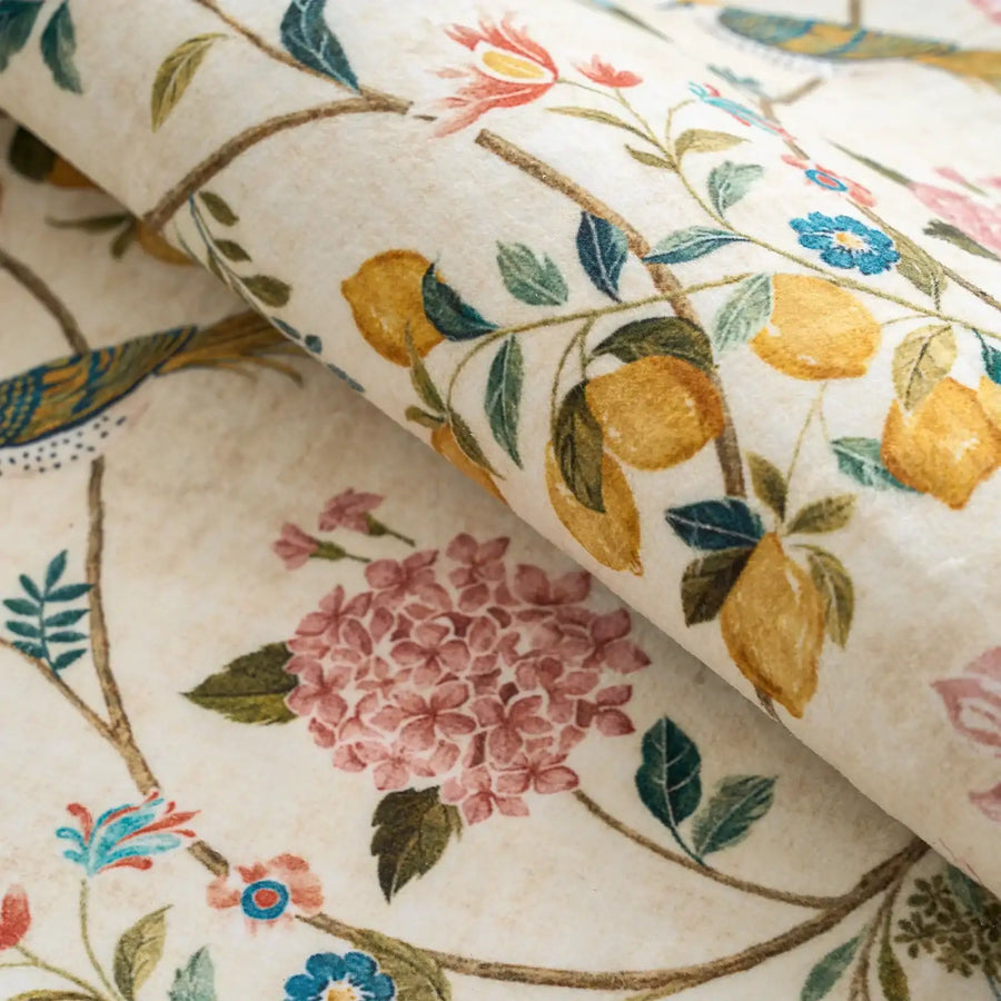 Lemon and Hydrangea Botanical Bird Area Rug - Jinchan Home