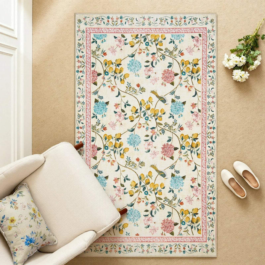 Lemon and Hydrangea Botanical Bird Area Rug - Jinchan Home