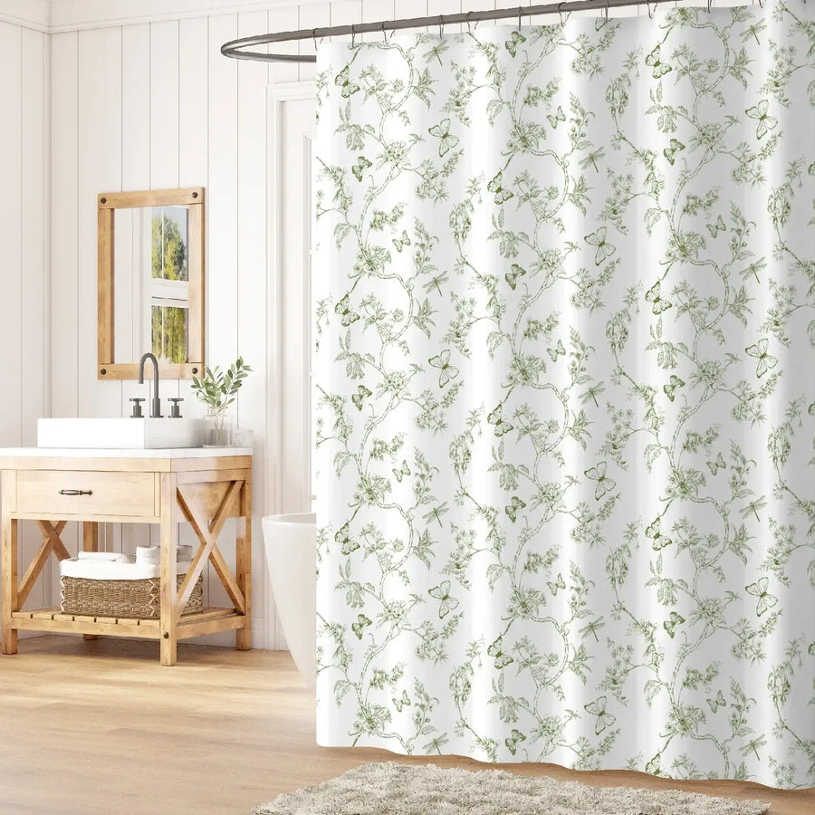 Botanical & Butterfly Dragonfly Pattern Shower Curtain - Jinchan Home