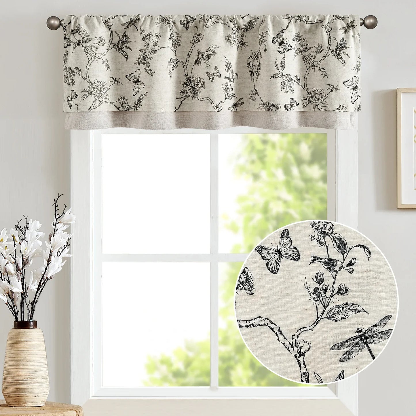 Botanical Butterfly Print Linen Valance - Jinchan Home