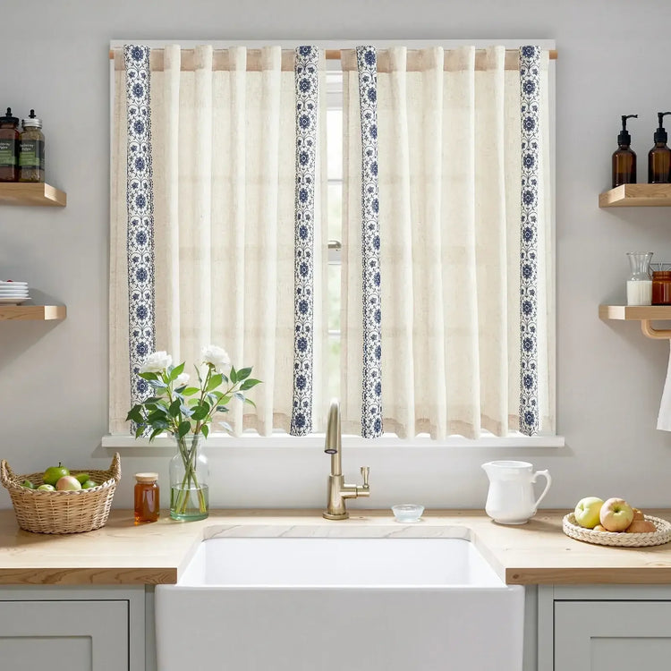 Floral Embroidered Linen Blend Kitchen Curtains - Jinchan Home