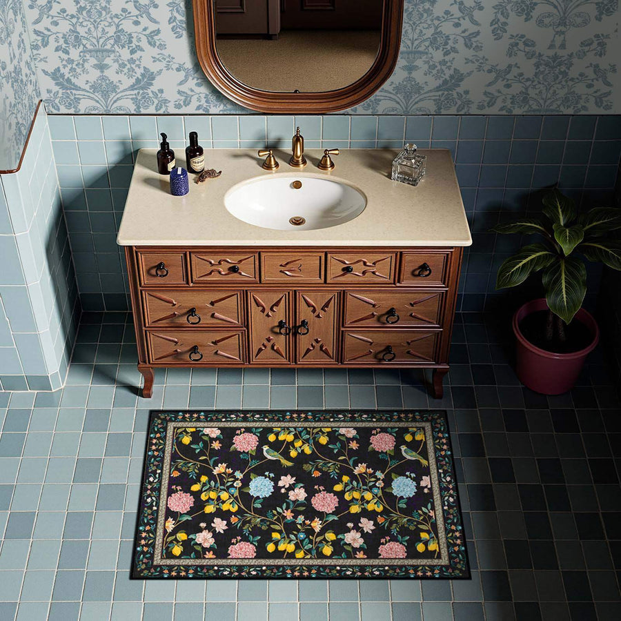 Lemon and Hydrangea Botanical Bird Area Rug - Jinchan Home