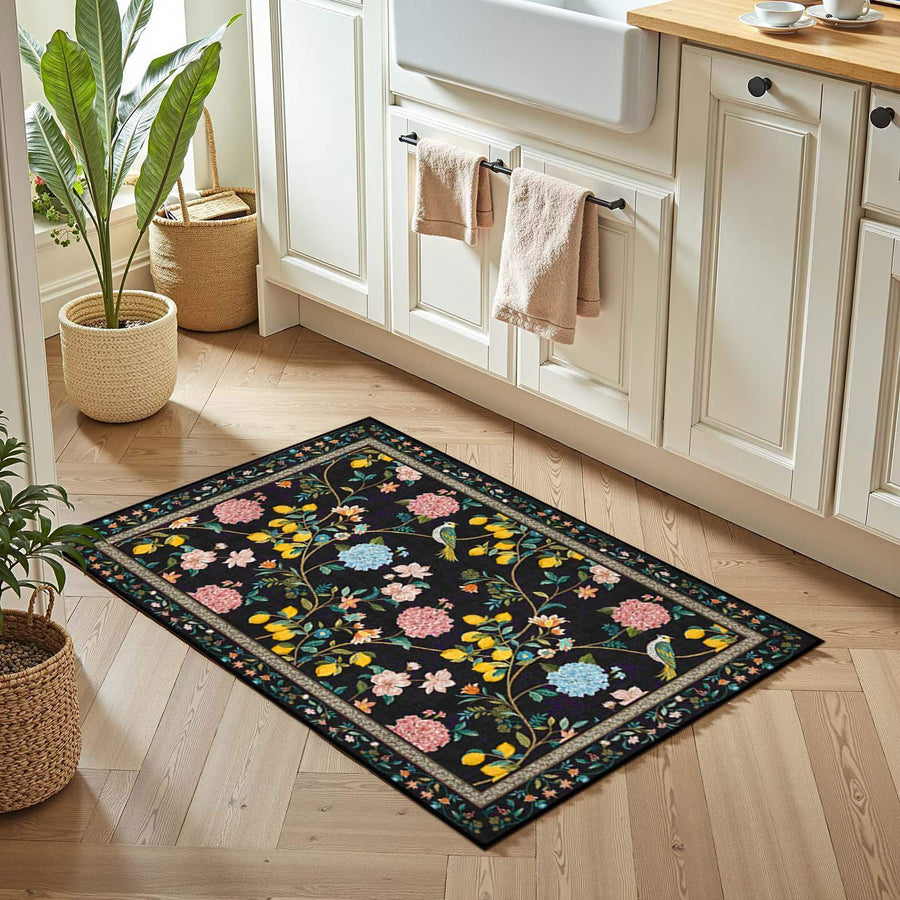 Lemon and Hydrangea Botanical Bird Area Rug - Jinchan Home