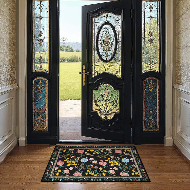 Lemon and Hydrangea Botanical Bird Area Rug - Jinchan Home