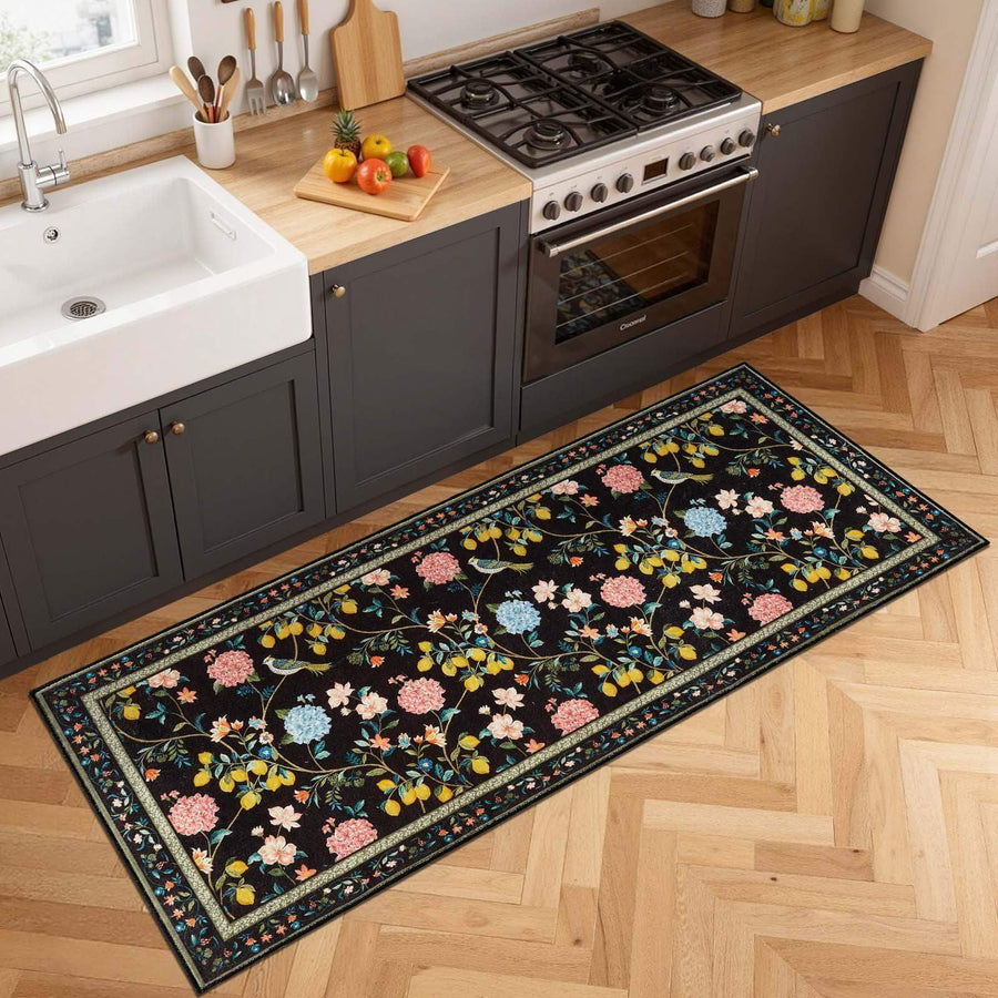 Lemon and Hydrangea Botanical Bird Area Rug - Jinchan Home