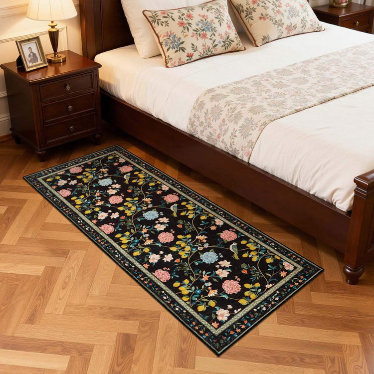 Lemon and Hydrangea Botanical Bird Area Rug - Jinchan Home