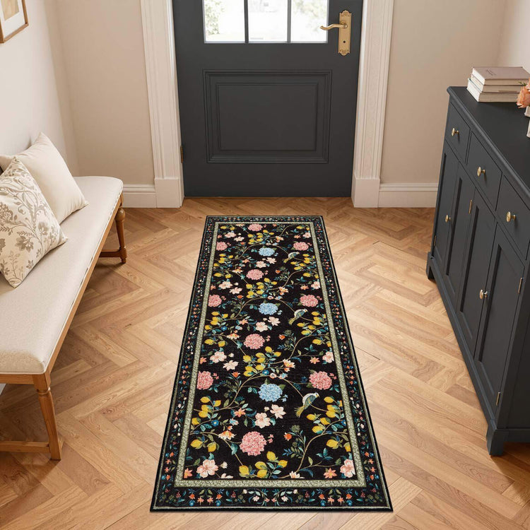 Lemon and Hydrangea Botanical Bird Area Rug - Jinchan Home