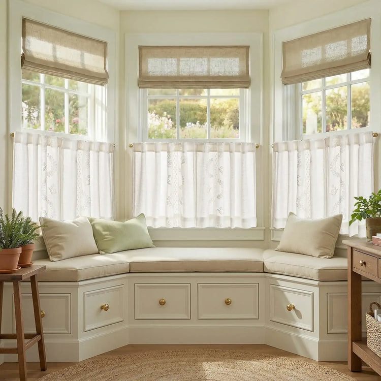 Vintage Wavy Floral Embroidery Kitchen Curtains - Jinchan Home