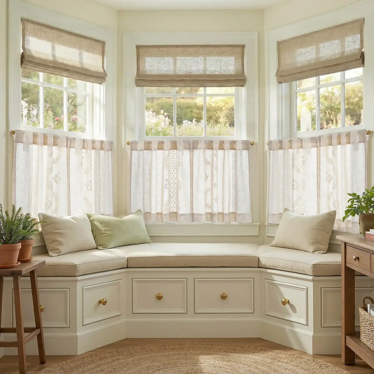 Vintage Wavy Floral Embroidery Kitchen Curtains - Jinchan Home