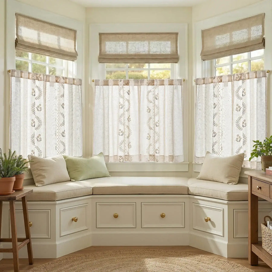 Vintage Wavy Floral Embroidery Kitchen Curtains - Jinchan Home