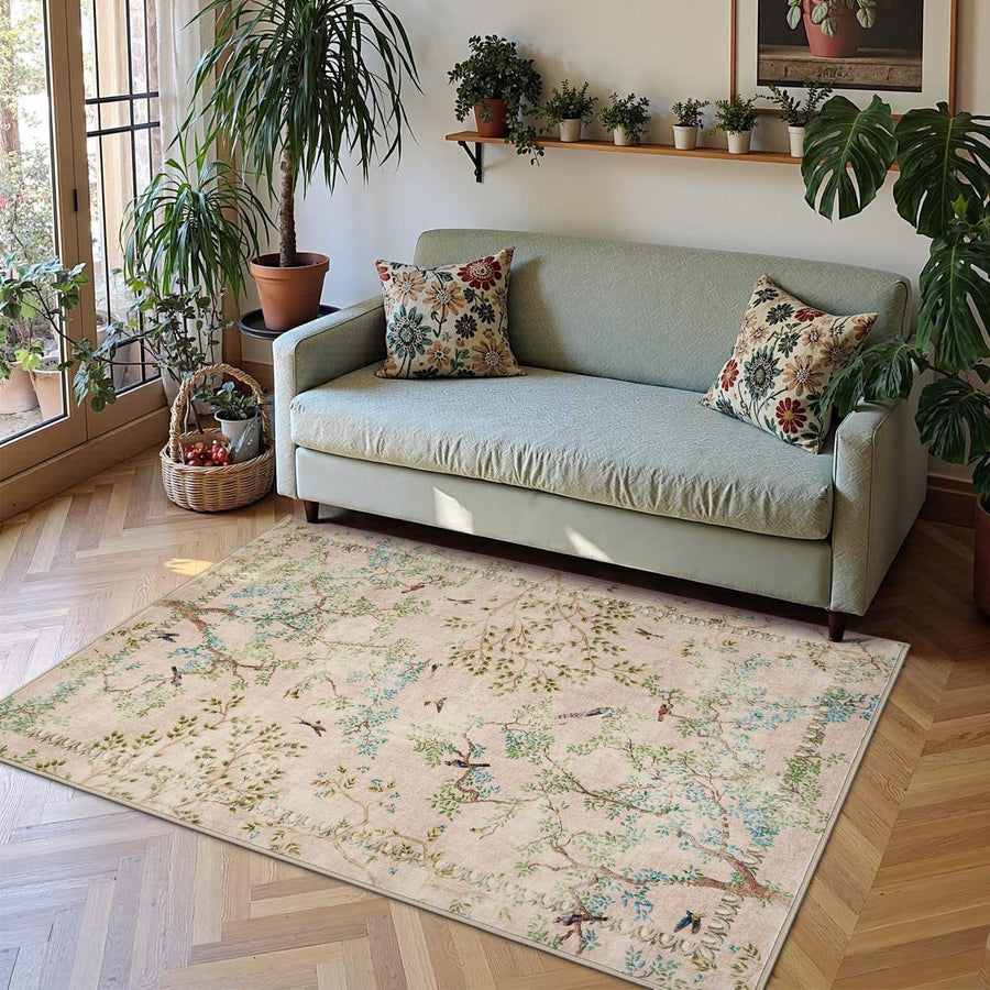 Branches & Birds Botanical Print Area Rug - Jinchan Home