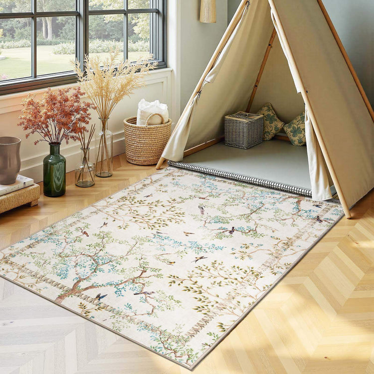 Branches & Birds Botanical Print Area Rug - Jinchan Home