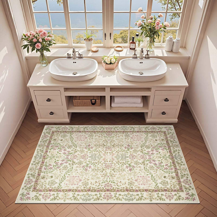 Hand-Painted Vintage Foliage & Floral Area Rug - Jinchan Home