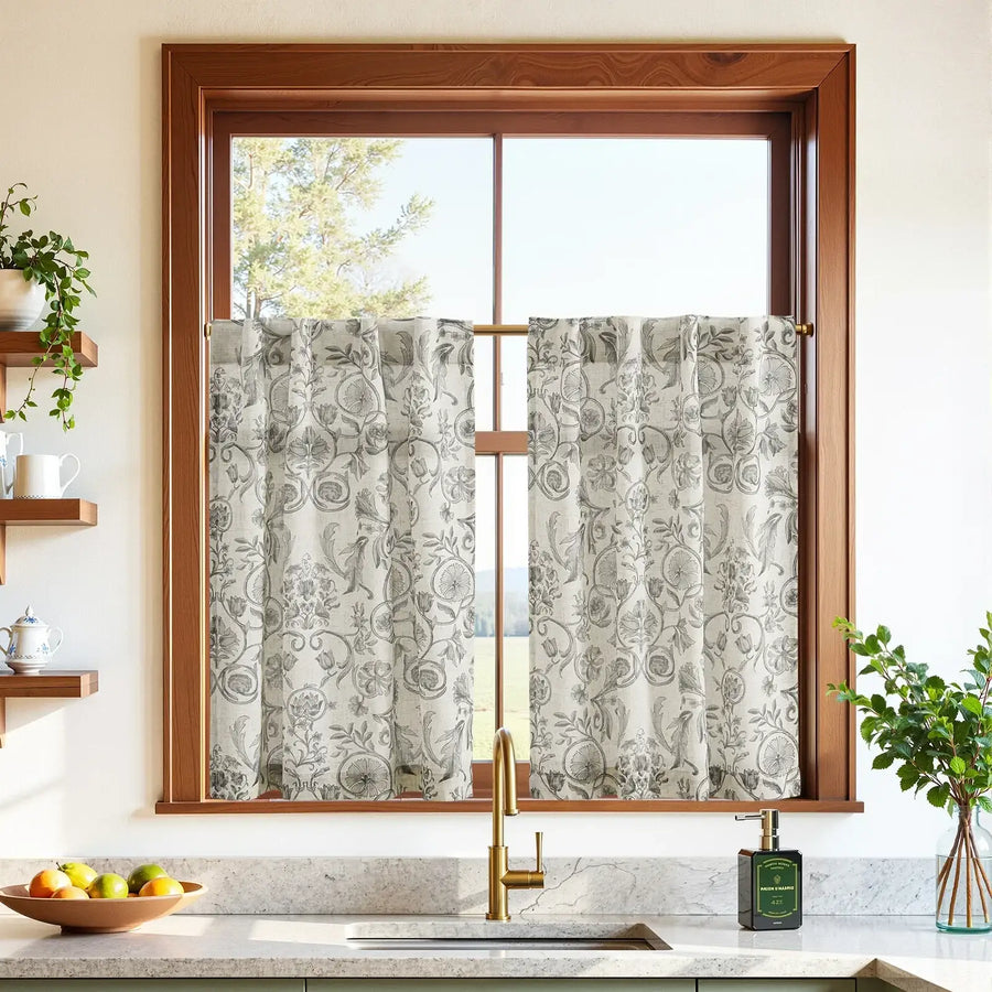 Vintage Symmetrical Vine & Floral Pattern Kitchen Curtains - Jinchan Home