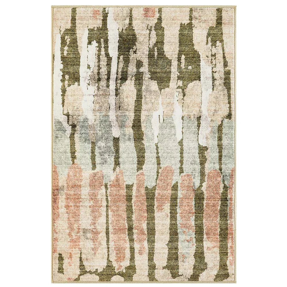 Abstract patterned area rug with vertical stripes in olive green, peach, beige, and light blue colors