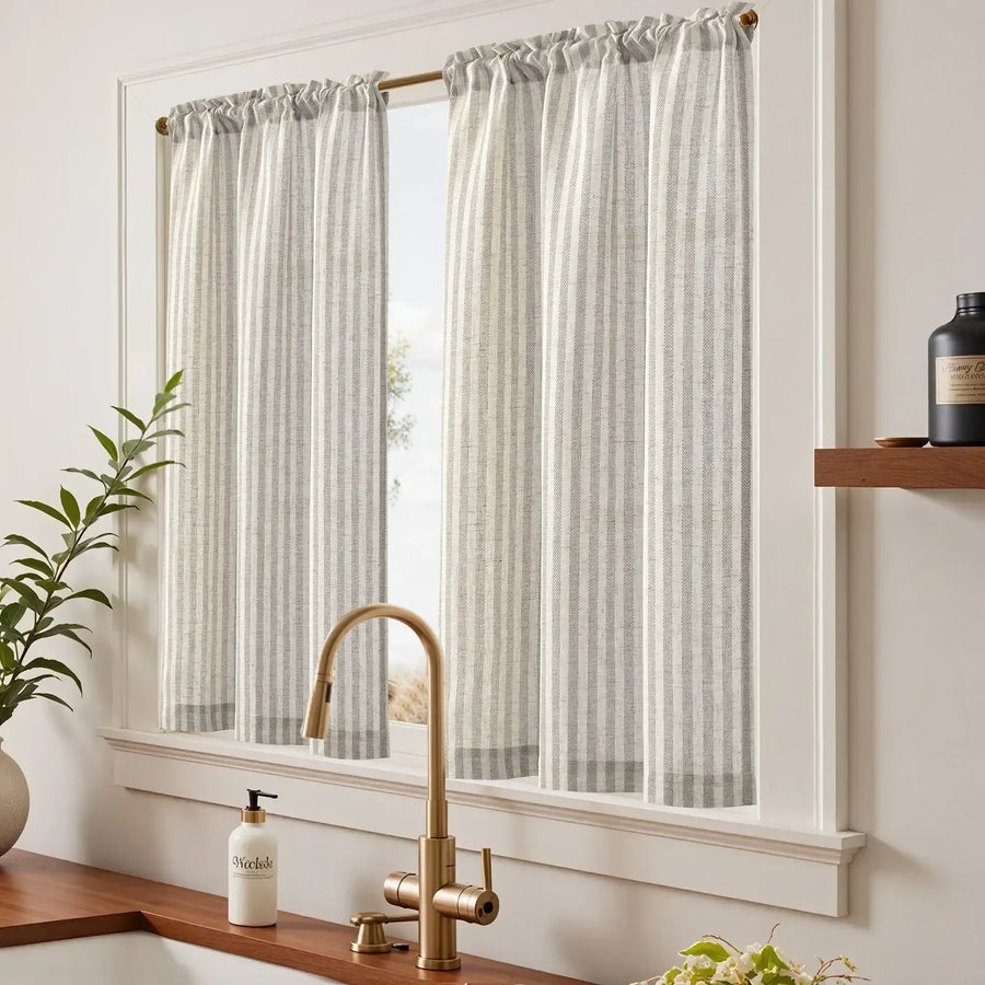 Colorful Striped Linen Wood Ear Edge Kitchen Curtains - Jinchan Home