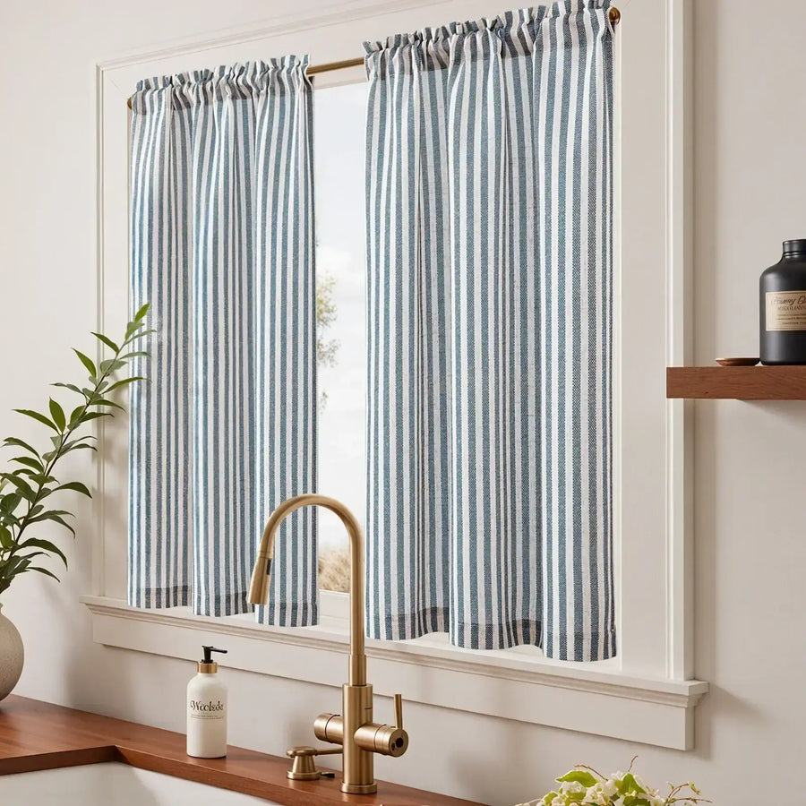 Colorful Striped Linen Wood Ear Edge Kitchen Curtains - Jinchan Home