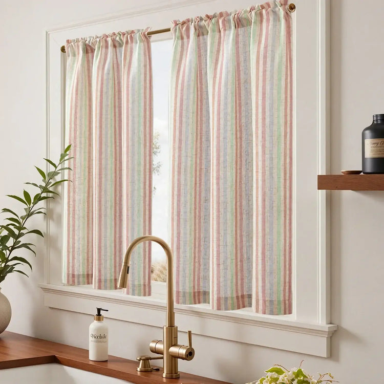 Colorful Striped Linen Wood Ear Edge Kitchen Curtains - Jinchan Home