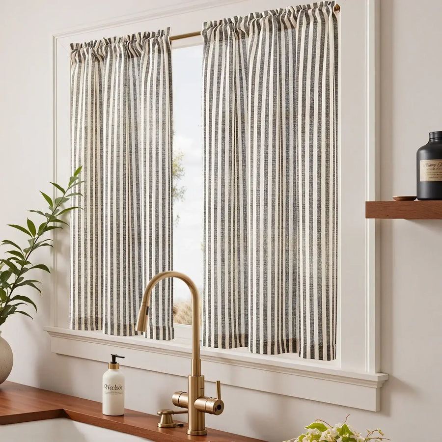Colorful Striped Linen Wood Ear Edge Kitchen Curtains - Jinchan Home