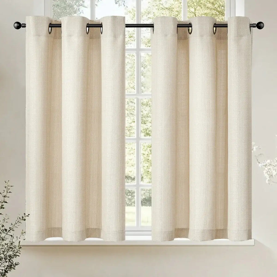 Solid Color Linen-Blend Grommet Kitchen Curtains - Jinchan Home