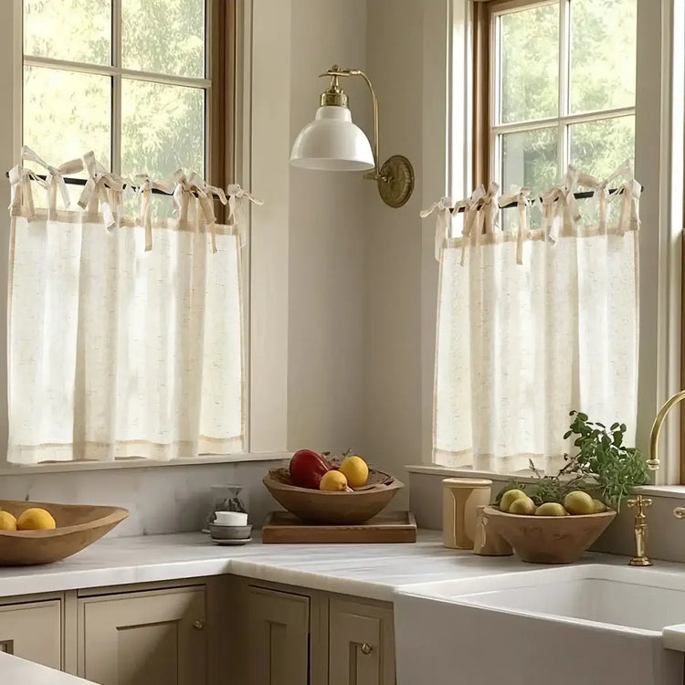 Solid Linen Blend DIY Tie-Top Kitchen Curtains - Jinchan Home