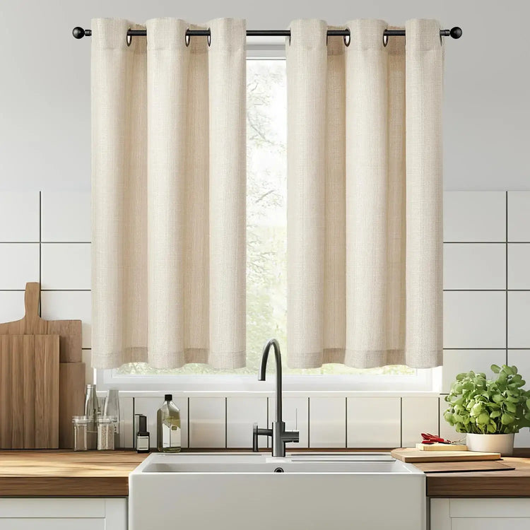 Solid Color Linen-Blend Grommet Kitchen Curtains - Jinchan Home
