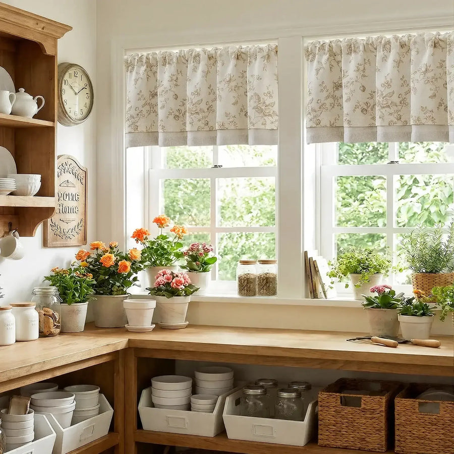 Vintage Rose Print Linen-Blend Rod Pocket Valance - Jinchan Home