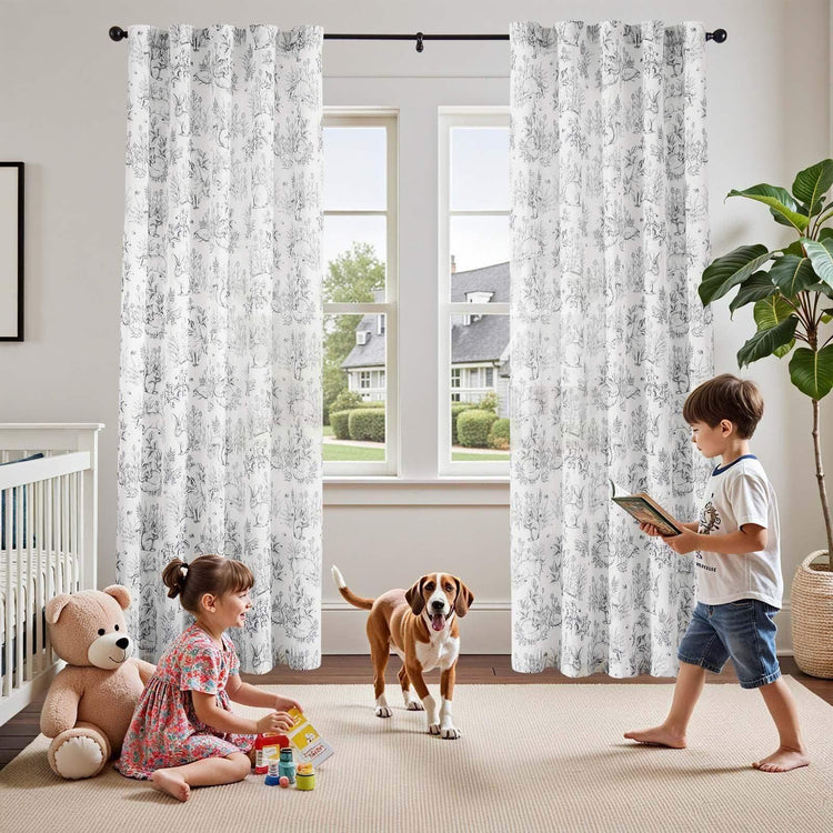 Bunny & Squirrel Toile Linen Curtains - Jinchan Home