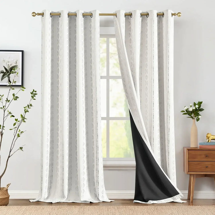 Light-Toned Boho Vertical-Stripe Geometric Grommet Curtains - Jinchan Home