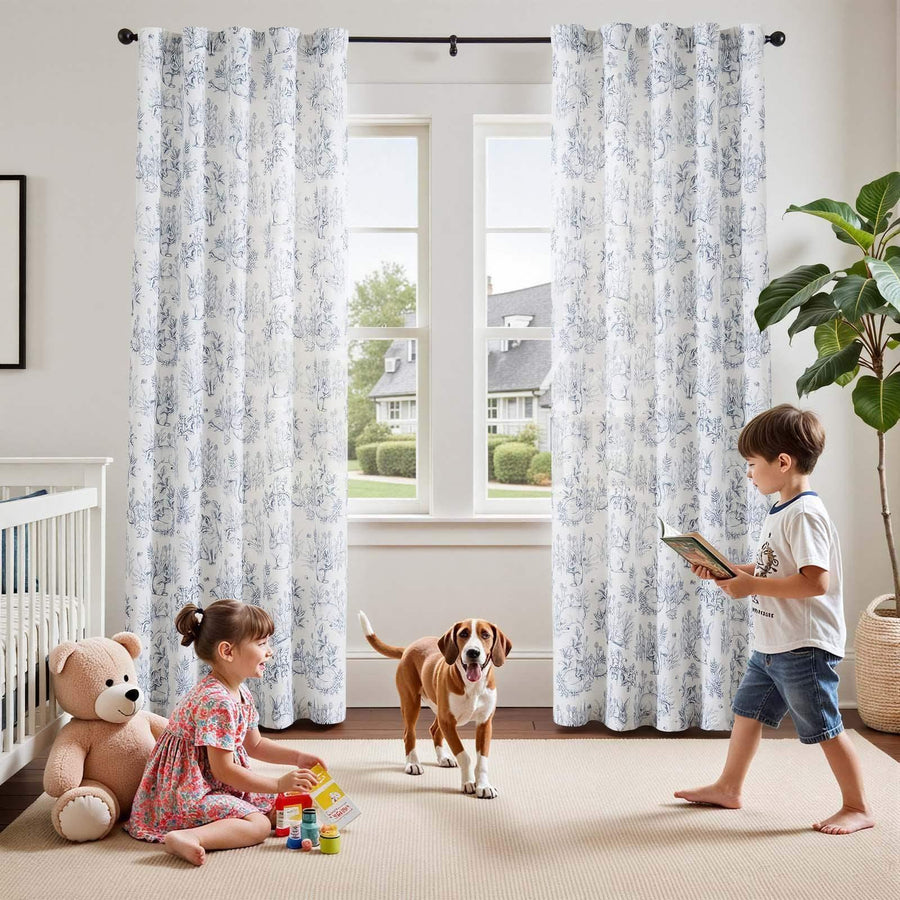 Bunny & Squirrel Toile Linen Curtains - Jinchan Home