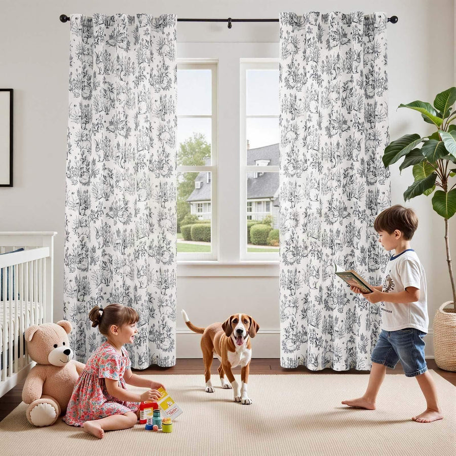 Bunny & Squirrel Toile Linen Curtains - Jinchan Home