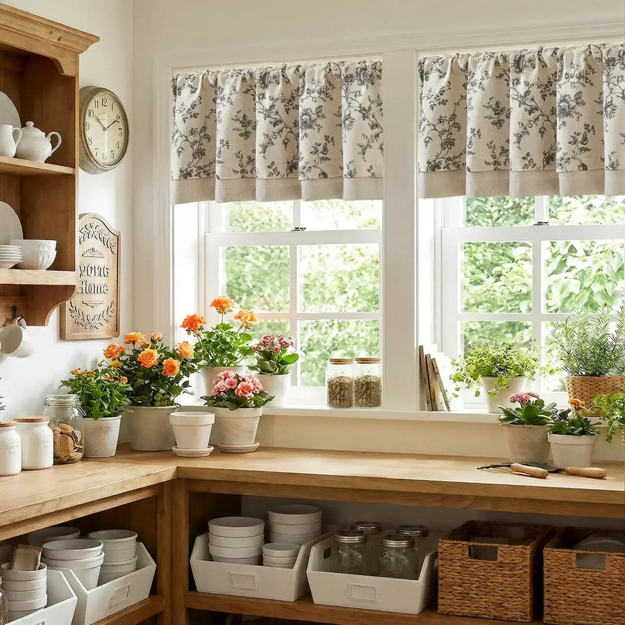 Vintage Rose Print Linen-Blend Rod Pocket Valance - Jinchan Home