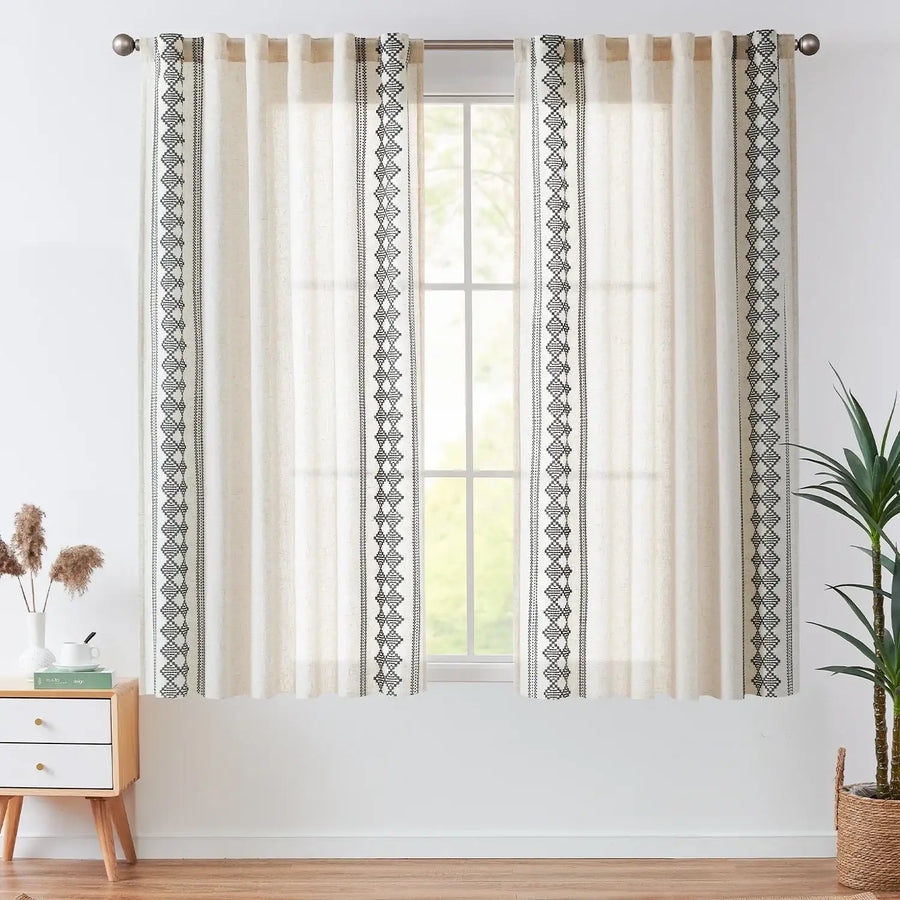 Embroidered Boho Ikat Geometric Curtains - Jinchan Home