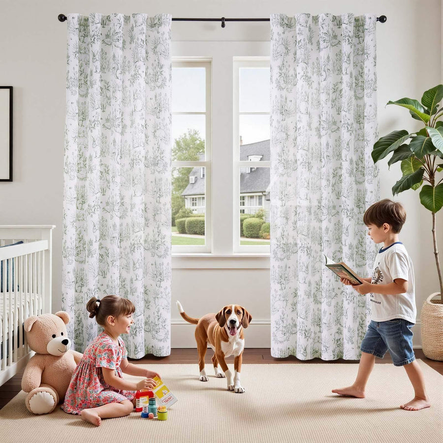 Bunny & Squirrel Toile Linen Curtains - Jinchan Home
