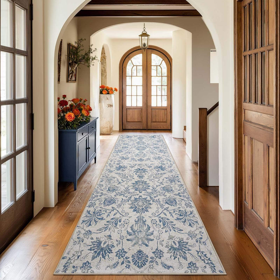 Vintage Distressed Large Floral Scrollwork Area Rug - Jinchan Home