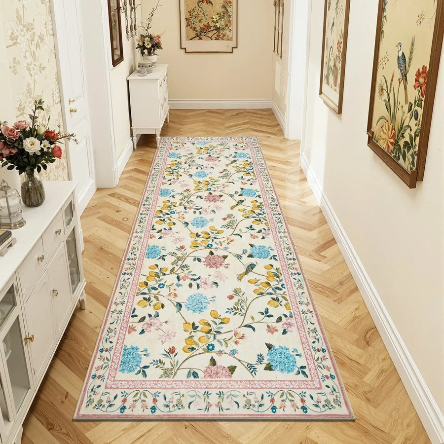 Lemon and Hydrangea Botanical Bird Area Rug - Jinchan Home