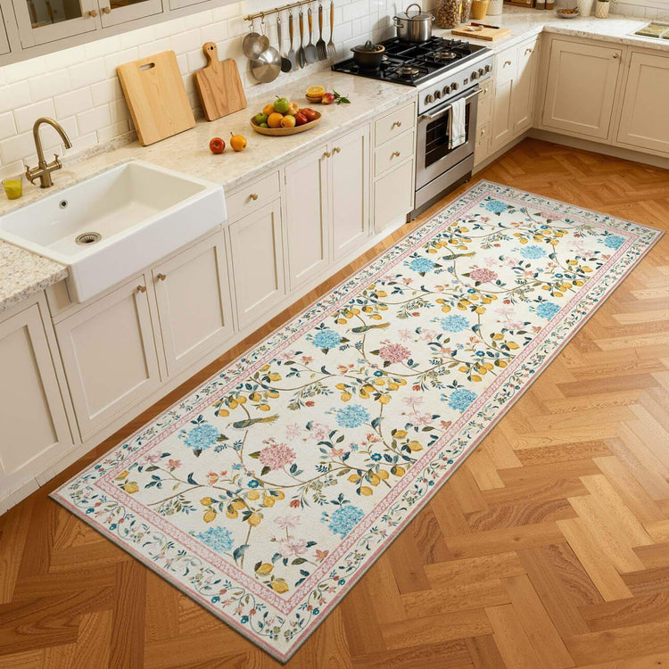 Lemon and Hydrangea Botanical Bird Area Rug - Jinchan Home