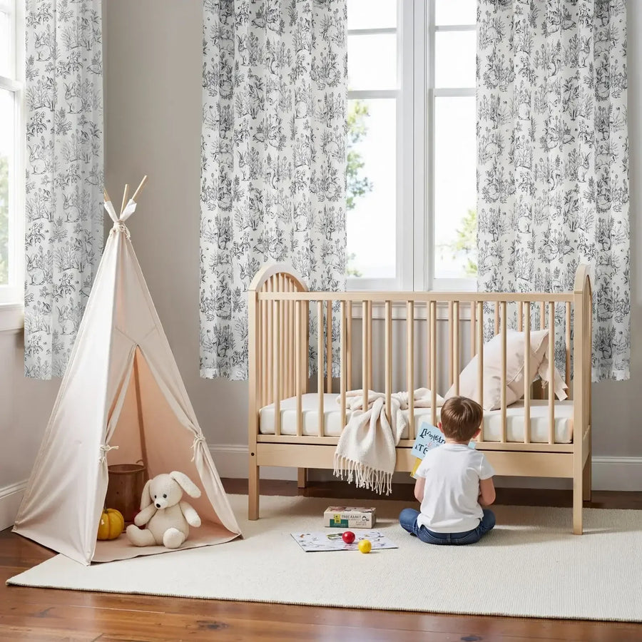 Bunny & Squirrel Toile Linen Curtains - Jinchan Home