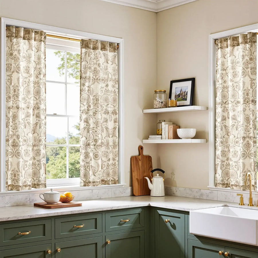 Vintage Symmetrical Vine & Floral Pattern Kitchen Curtains - Jinchan Home