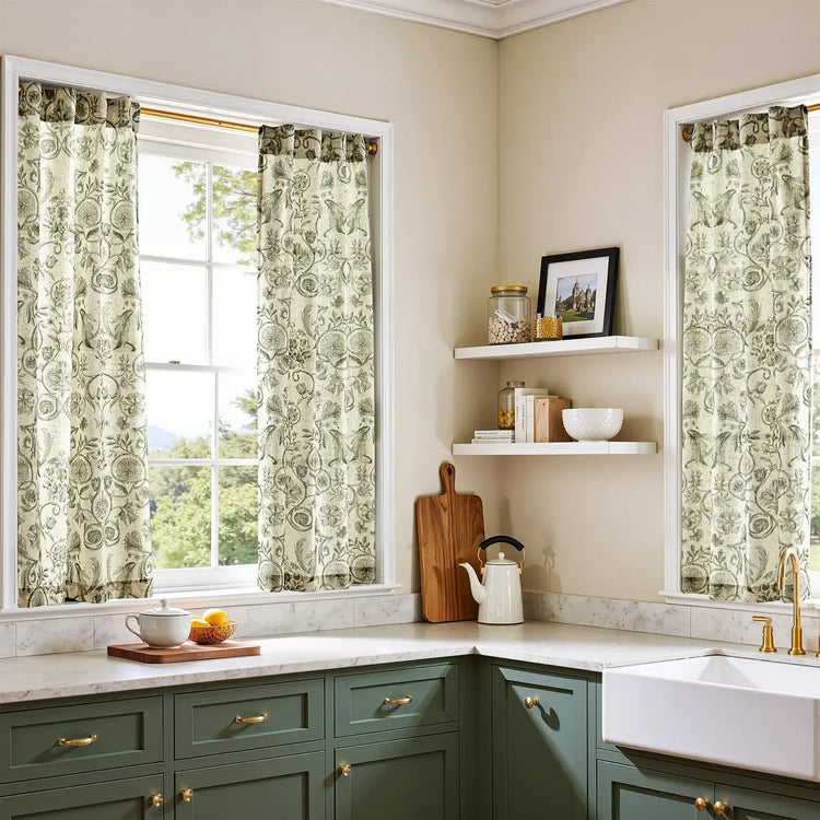 Vintage Symmetrical Vine & Floral Pattern Kitchen Curtains - Jinchan Home
