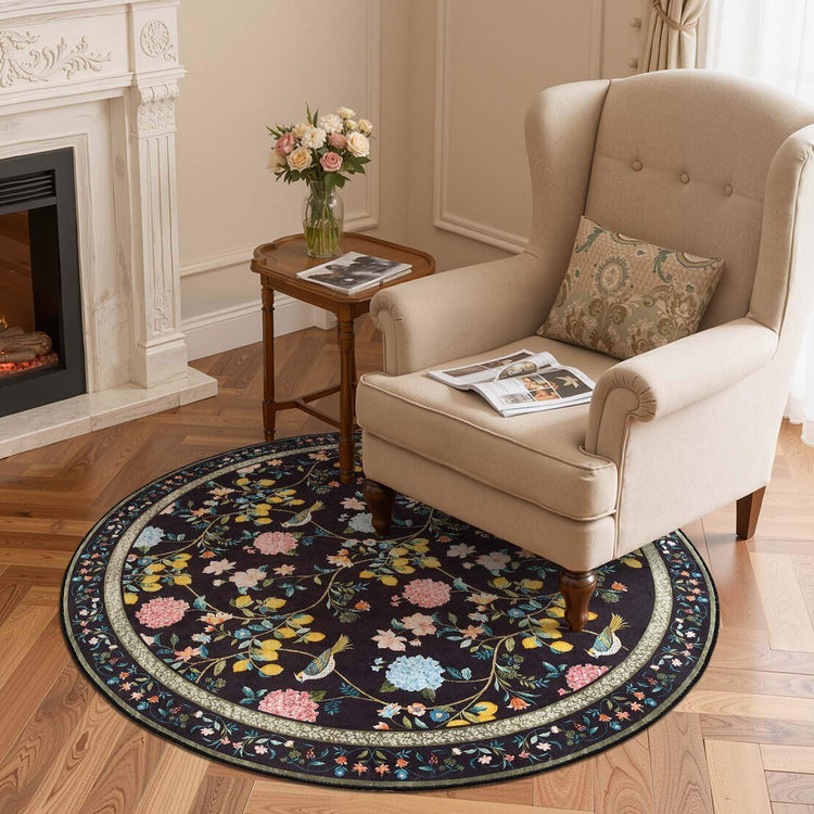 Lemon and Hydrangea Botanical Bird Area Rug - Jinchan Home