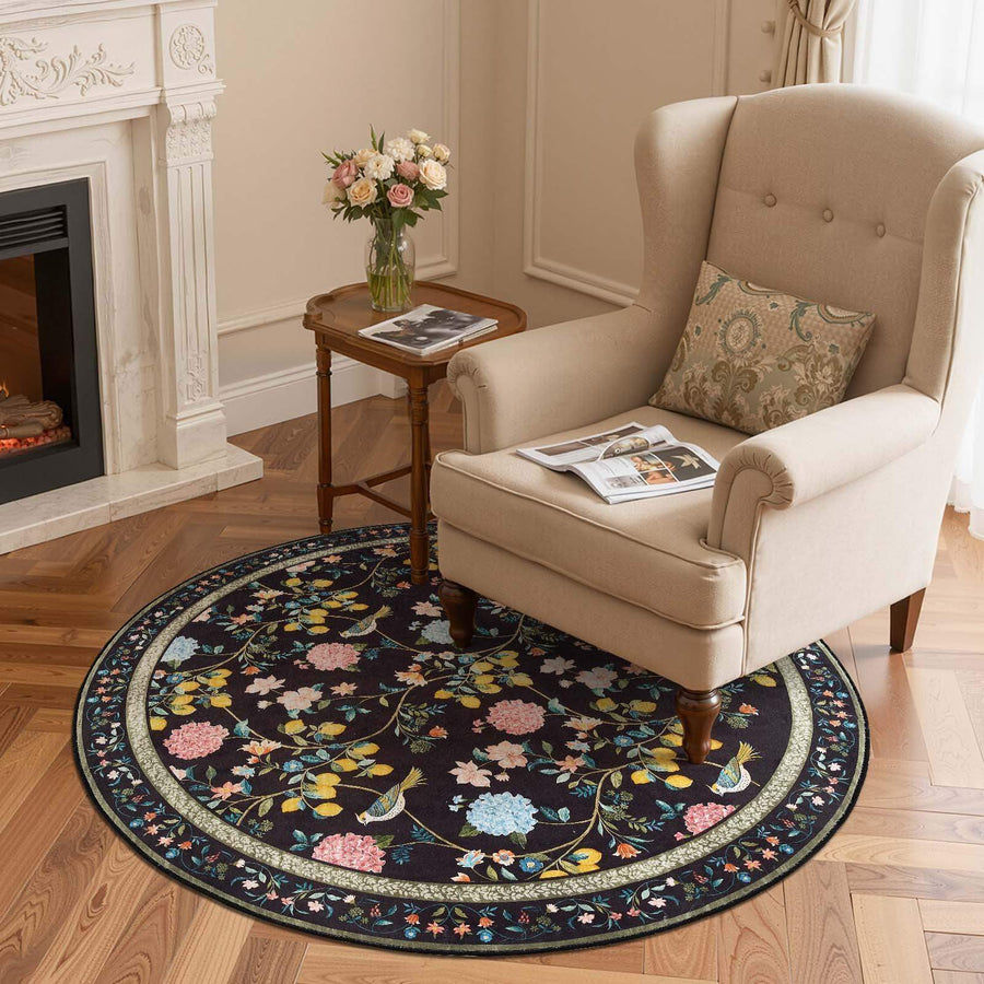 Lemon and Hydrangea Botanical Bird Area Rug - Jinchan Home