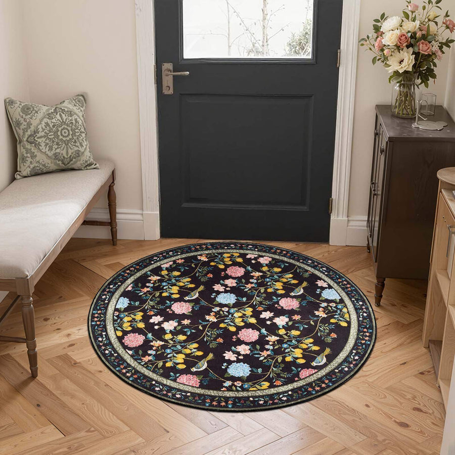 Lemon and Hydrangea Botanical Bird Area Rug - Jinchan Home